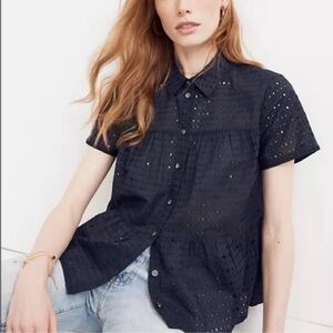 Madewell | Navy Blue Tiered Eyelet Button Up Shirt